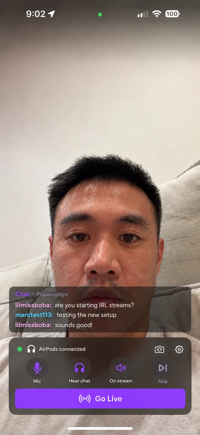 Moyblin interface concept with full-screen camera, chat overlay, AirPods controls and Go Live button