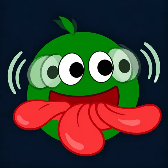 Moyblin's happy green mascot shaking its head with its tongue out